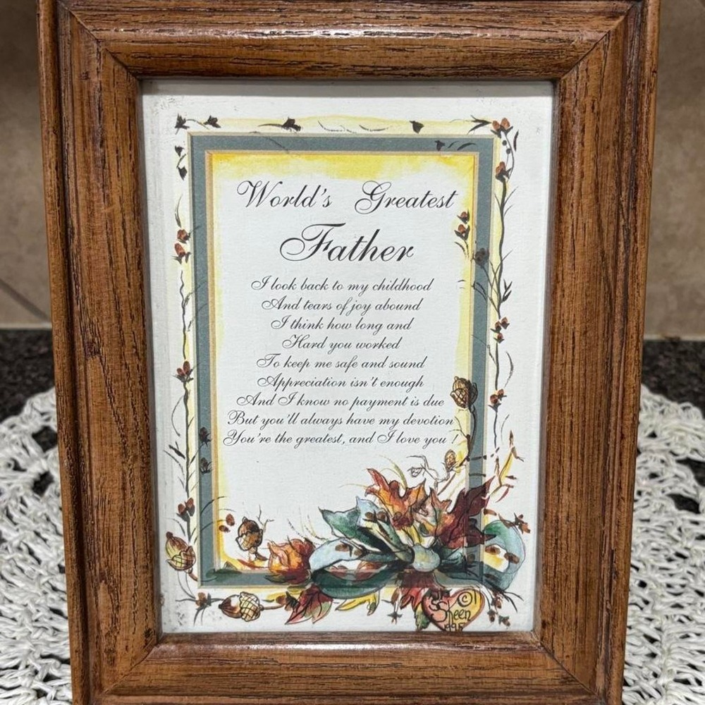 World's Greatest Father poem in a wooden frame with floral and autumnal design